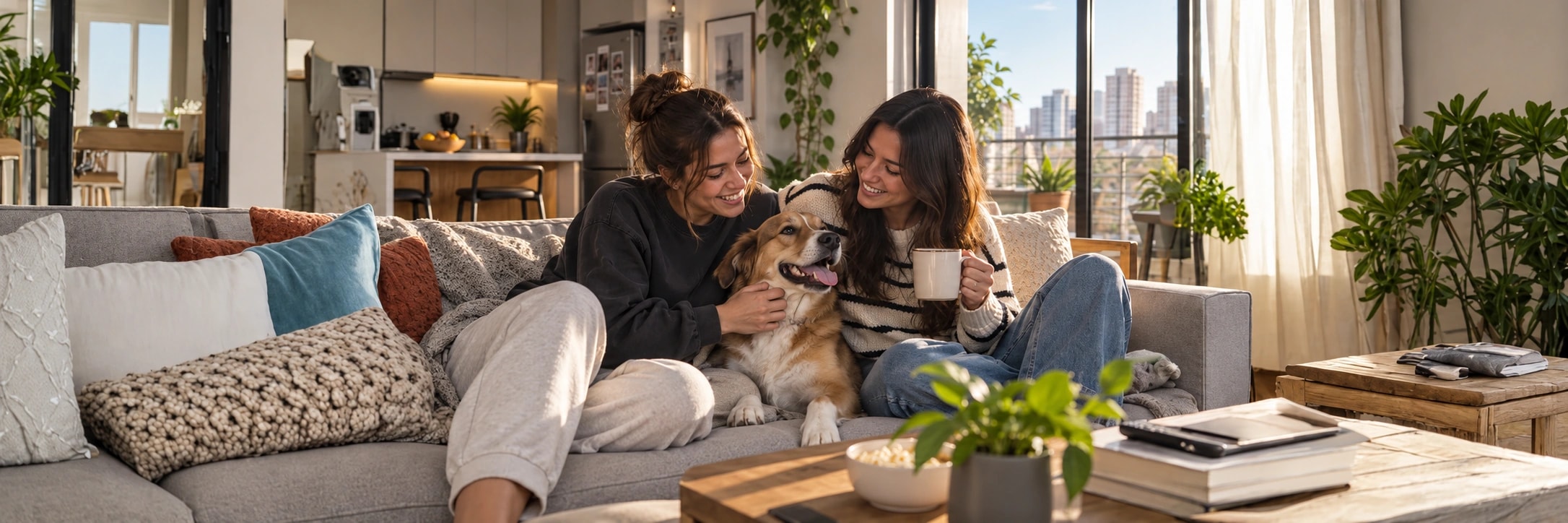 Dos amigas con su perro en la sala de su nuevo departamento