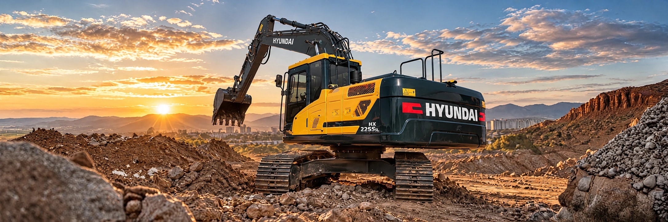 Excavadora Hyundai en una obra al atardecer